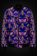 A black bomber jacket featuring an all-over psychedelic floral pattern in purple, blue, yellow, and pink, with 'After Hours' text printed vertically on the sleeves.