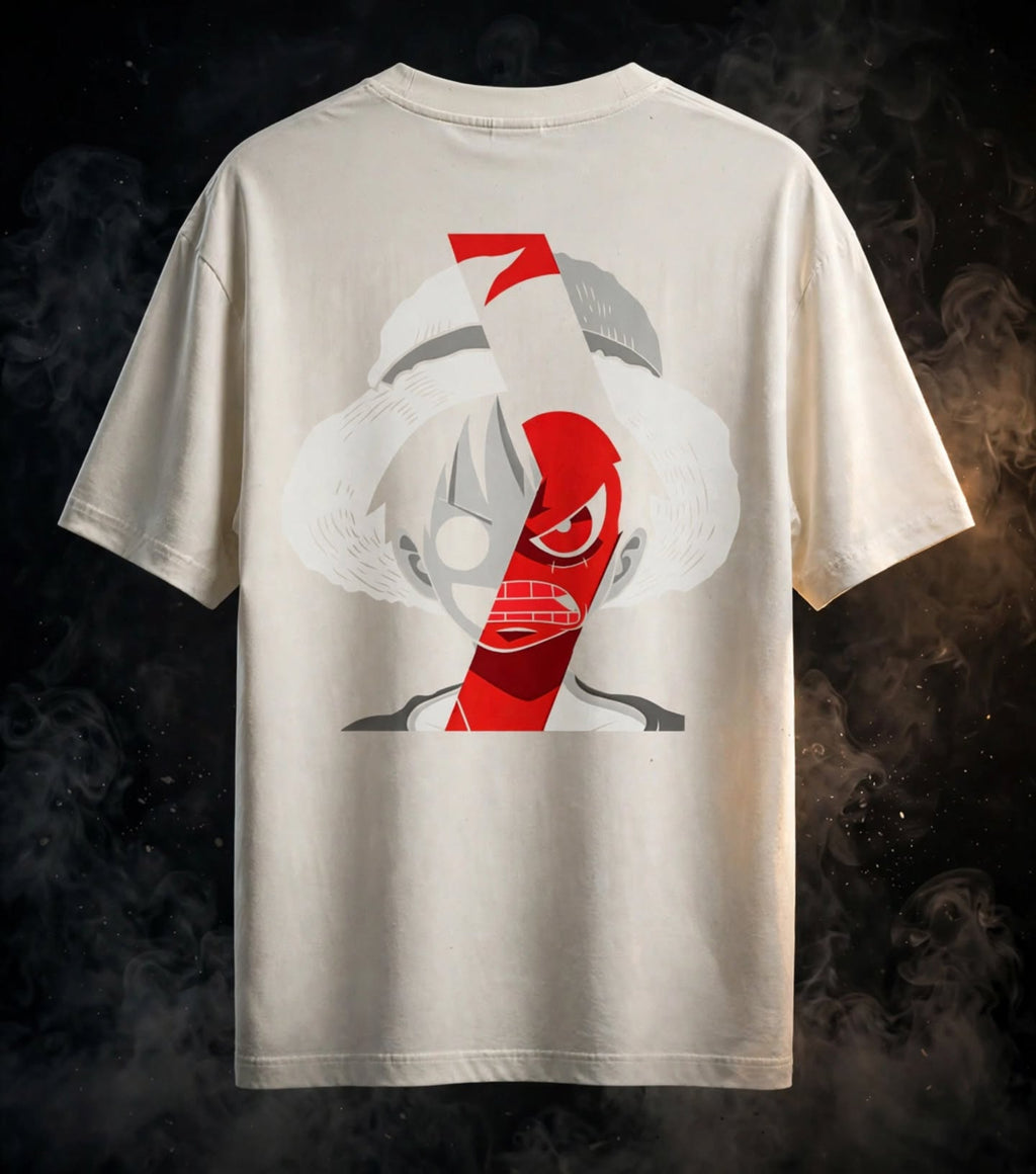 An off-white short-sleeve t-shirt shown from the back, featuring a large graphic print of a stylized anime character with a red and white striped hat and a grey eye patch. The shirt is displayed against a dark, smoky background.