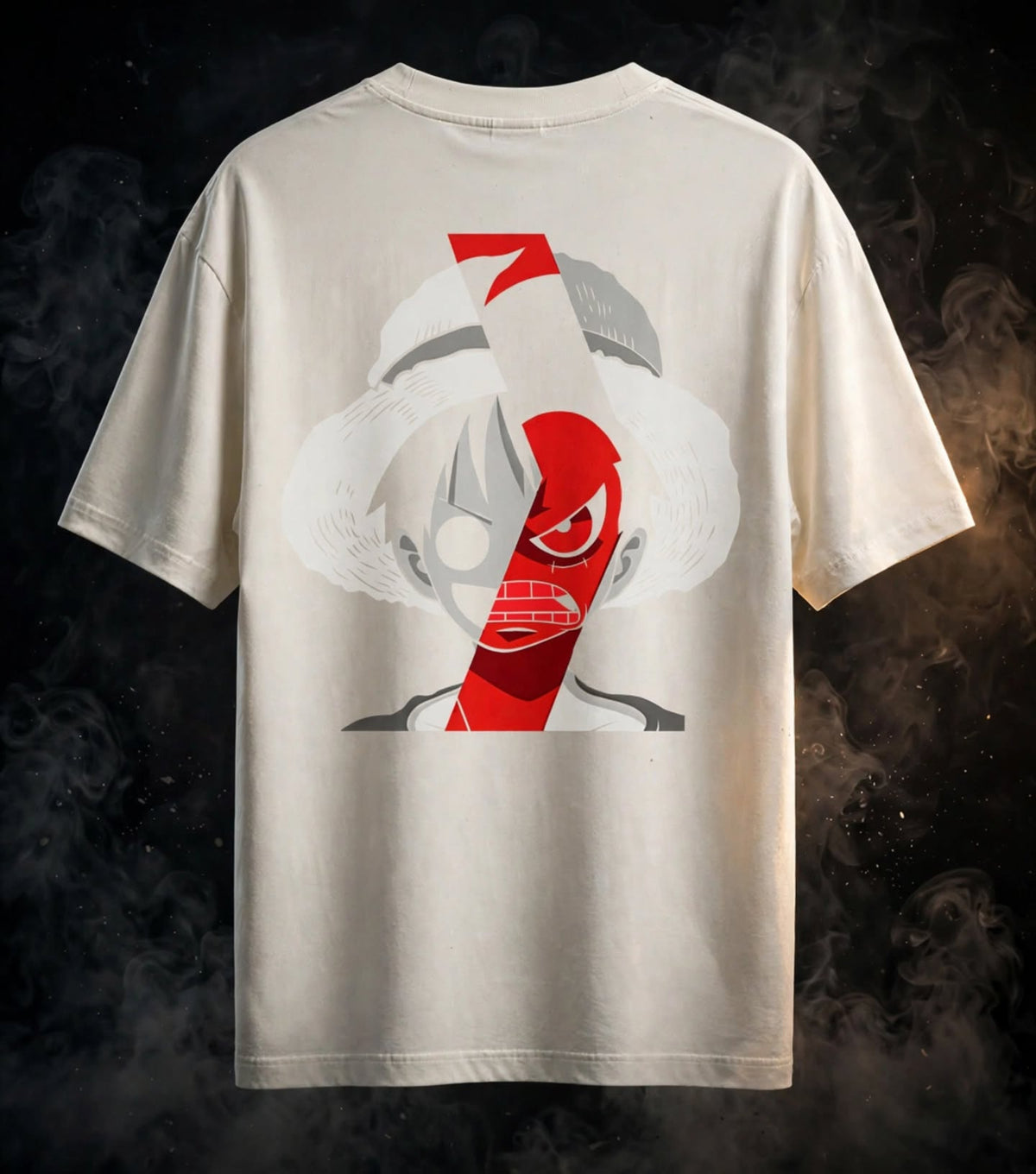 An off-white short-sleeve t-shirt shown from the back, featuring a large graphic print of a stylized anime character with a red and white striped hat and a grey eye patch. The shirt is displayed against a dark, smoky background.