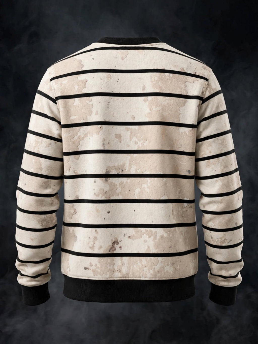A long-sleeve crewneck sweatshirt shown from the back, featuring horizontal black stripes on a distressed beige and off-white background, with solid black ribbed cuffs, hem, and collar.