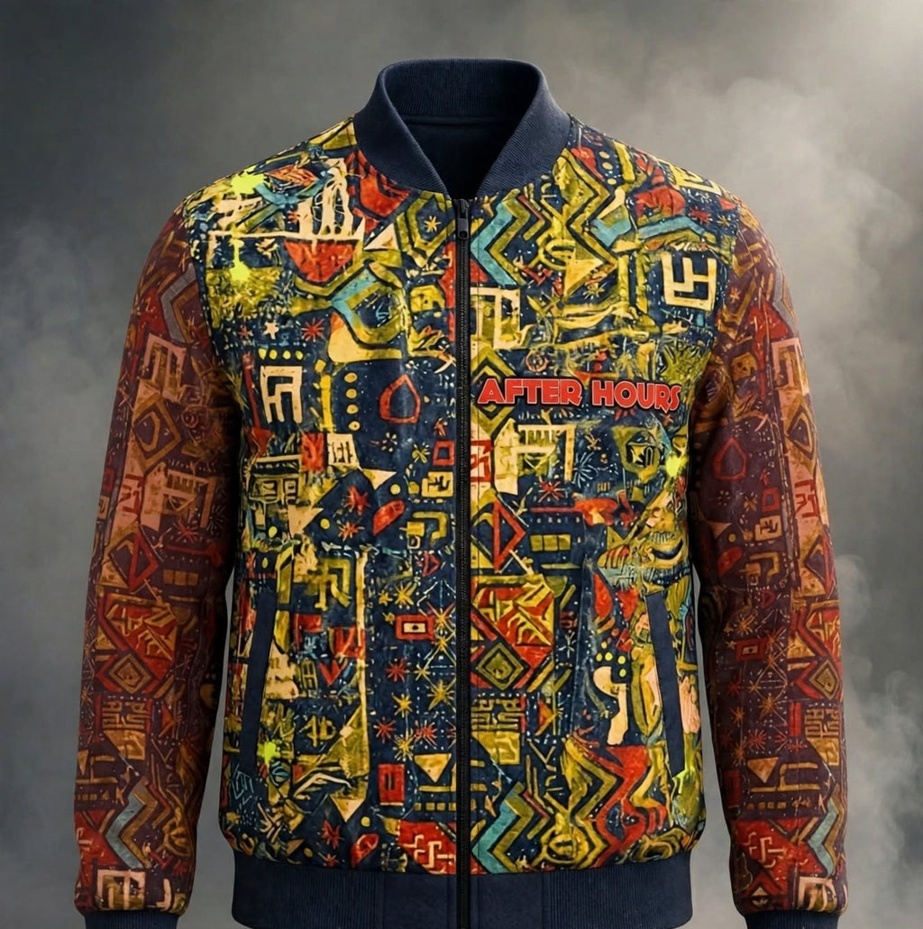 A full-zip bomber jacket featuring a highly detailed, colorful graffiti-style print with the text 'AFTER HOURS' on the chest, set against a smoky grey studio background.
