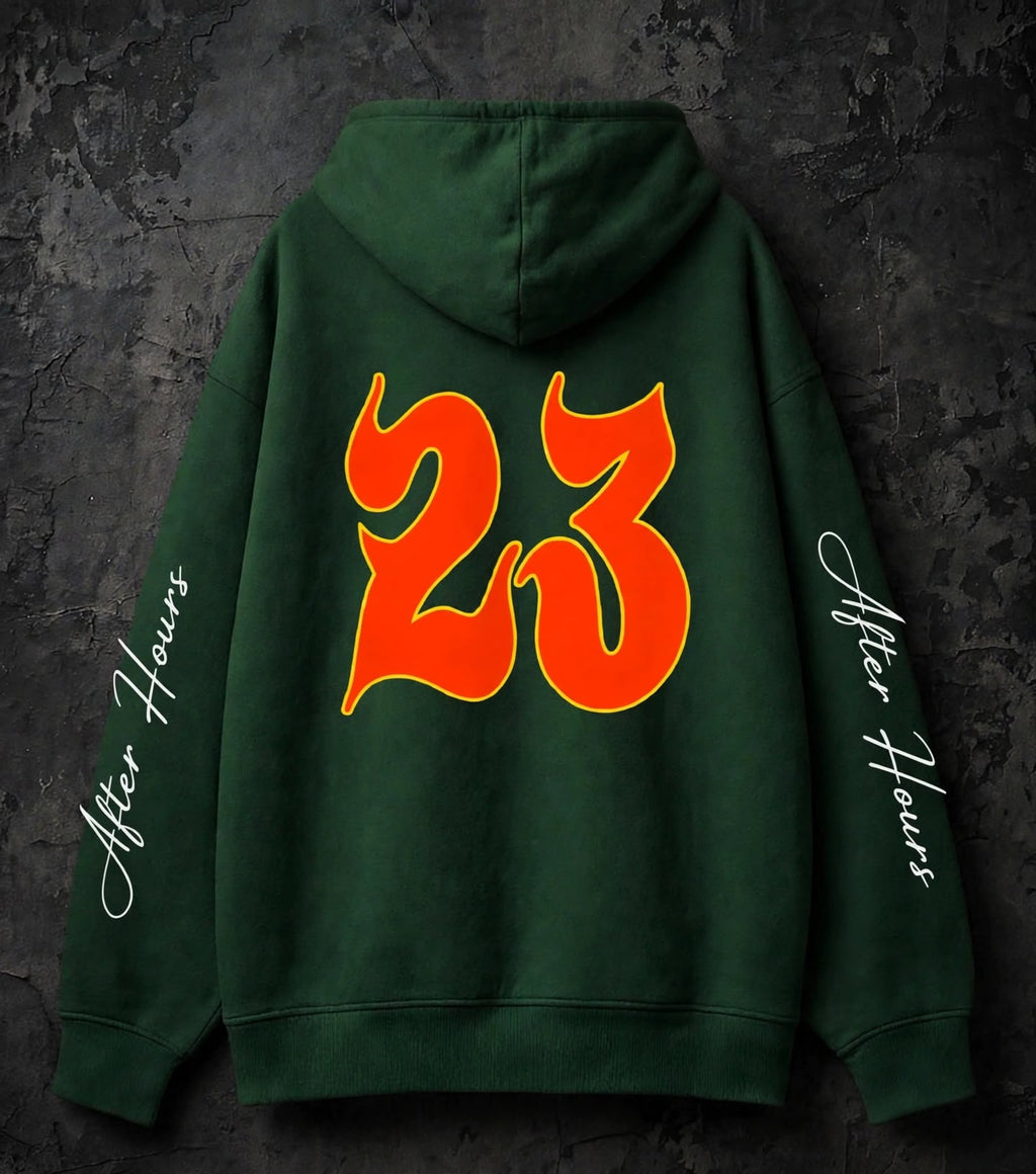 A dark green hoodie shown from the back, featuring a large orange and yellow flame-style number 23 on the back, with white script text 'After Hours' printed on both sleeves, displayed against a dark textured background.