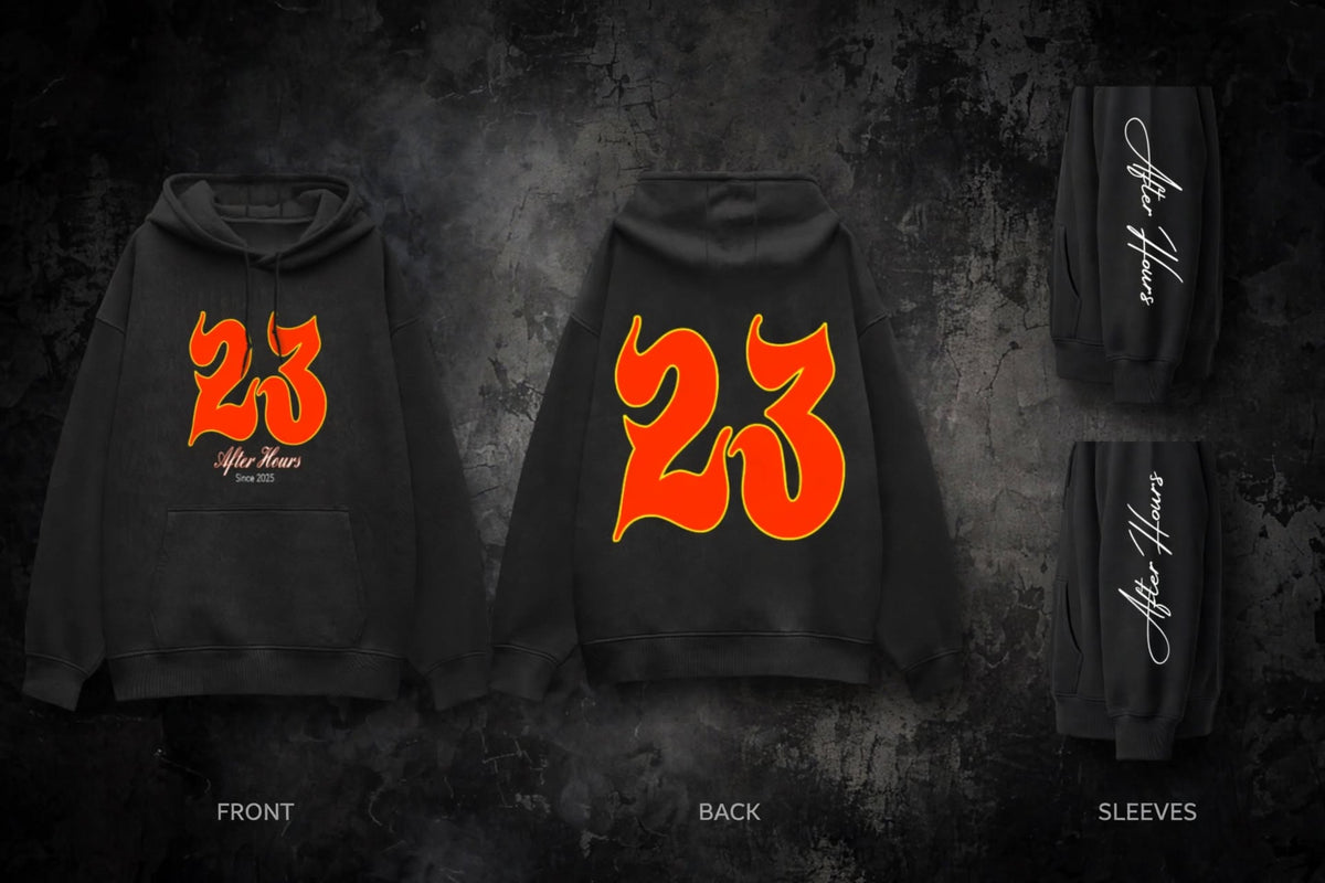 Black pullover hoodie shown from the front and back, plus two sleeve views, on a dark textured background. The front has a large orange-red '23' graphic with smaller white script text beneath it.