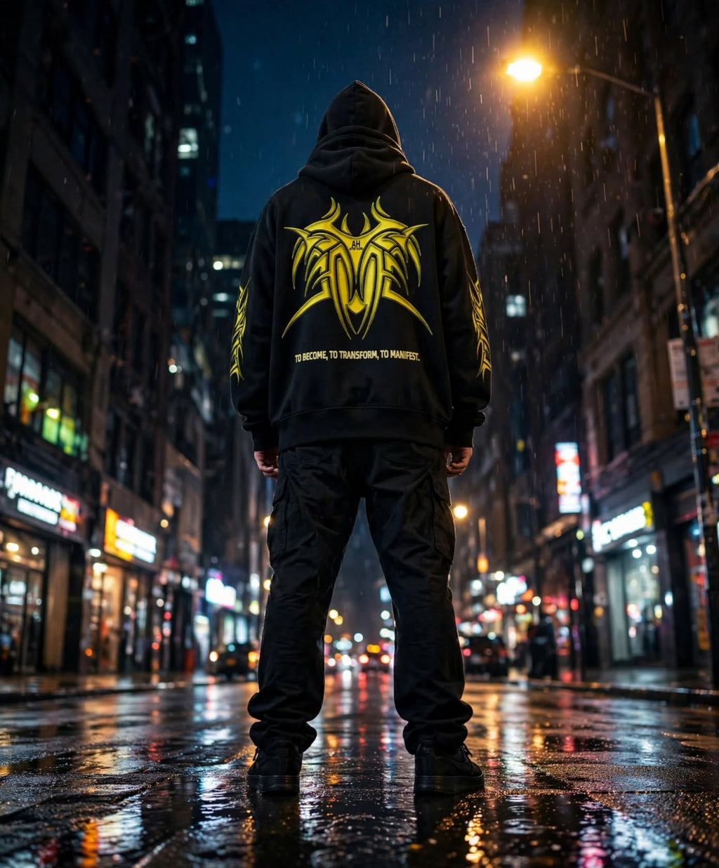 A person stands on a wet city street at night, viewed from behind, wearing a black hoodie with a large yellow graphic and text on the back, paired with black pants. Rain is falling, and blurred storefront lights and streetlights create a moody urban background.