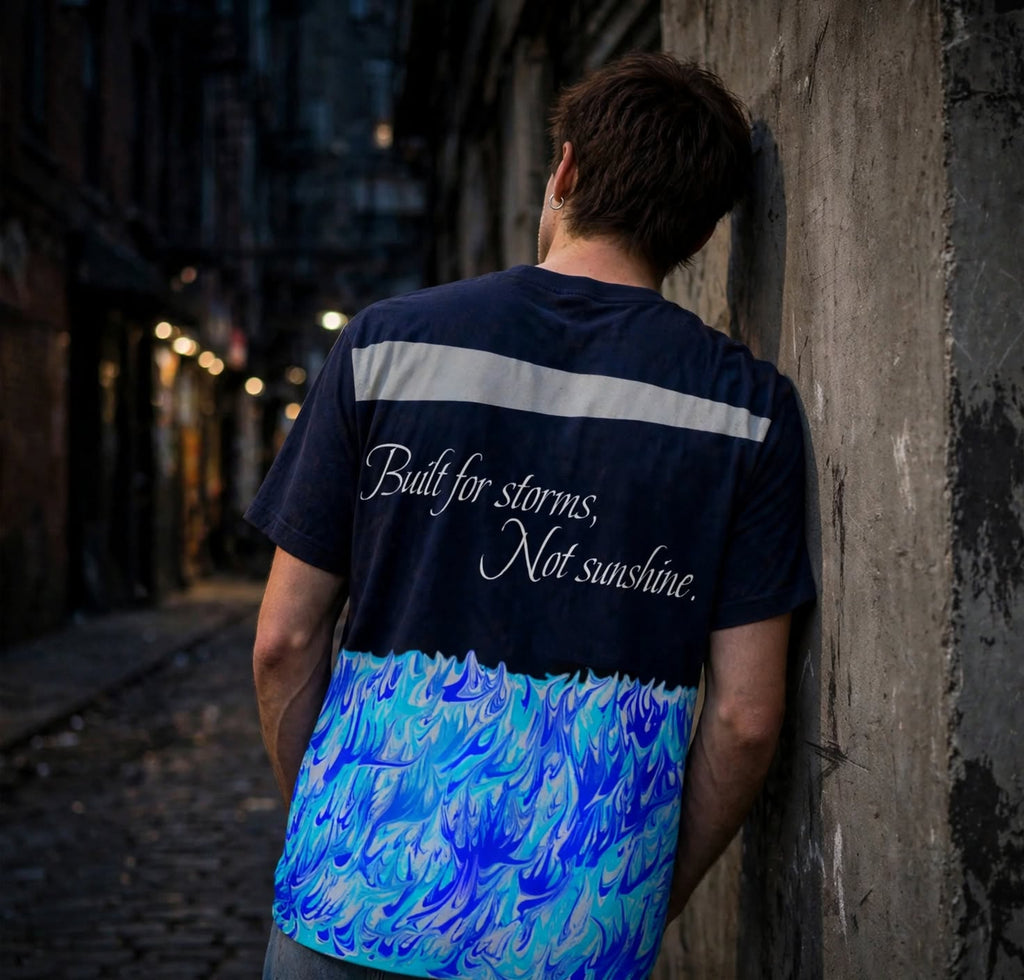 A man wearing a navy blue t-shirt with a white stripe and the text 'Built for storms, Not sunshine.' on the back, featuring a blue and white wave pattern at the bottom, leaning against a concrete wall in a dark alley.