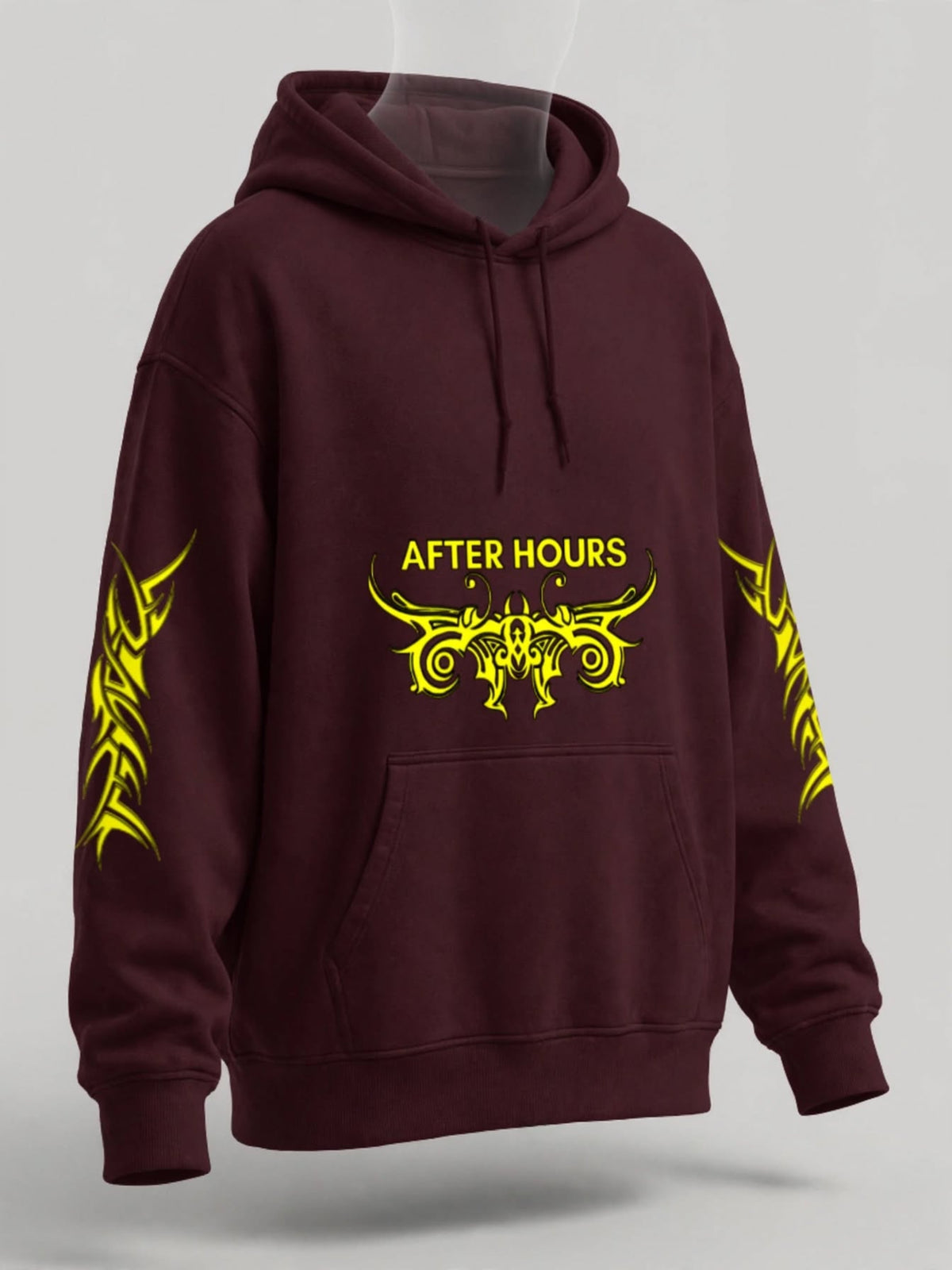 A maroon pullover hoodie displayed on a mannequin torso against a light grey background. The hoodie features a yellow graphic on the chest reading 'AFTER HOURS' with a horned design, and matching yellow tribal-style graphics printed down both sleeves.