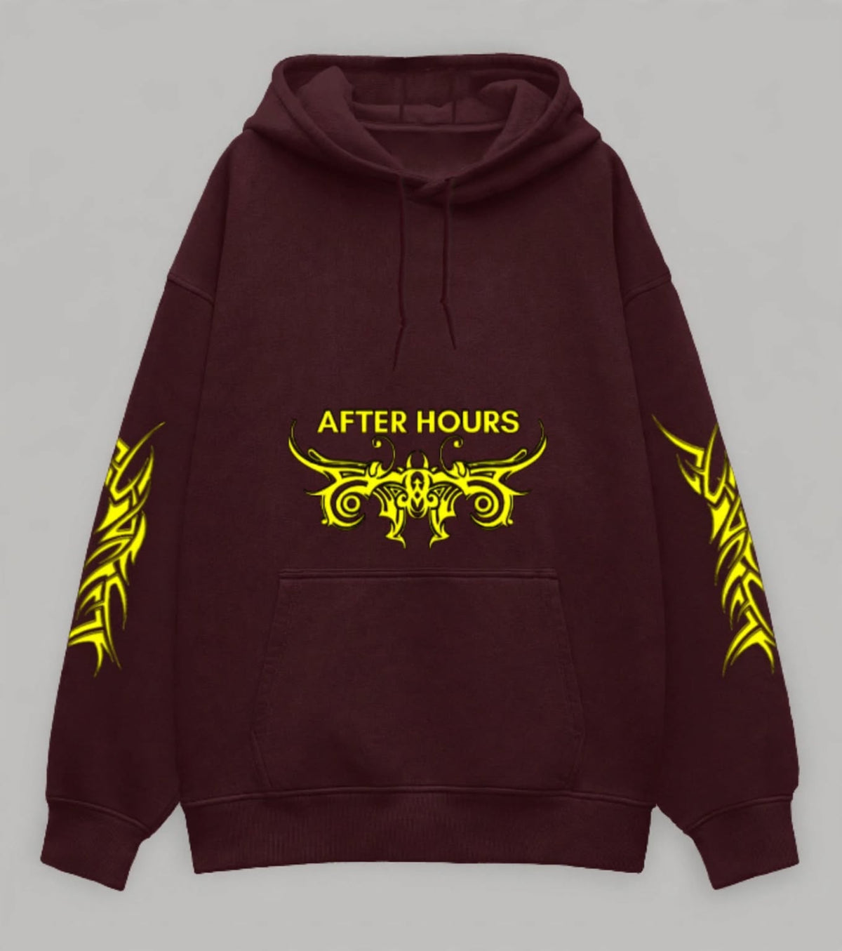 A dark maroon pullover hoodie with a yellow graphic print on the chest reading 'AFTER HOURS' and matching yellow tribal-style sleeve prints, shown against a neutral grey background.