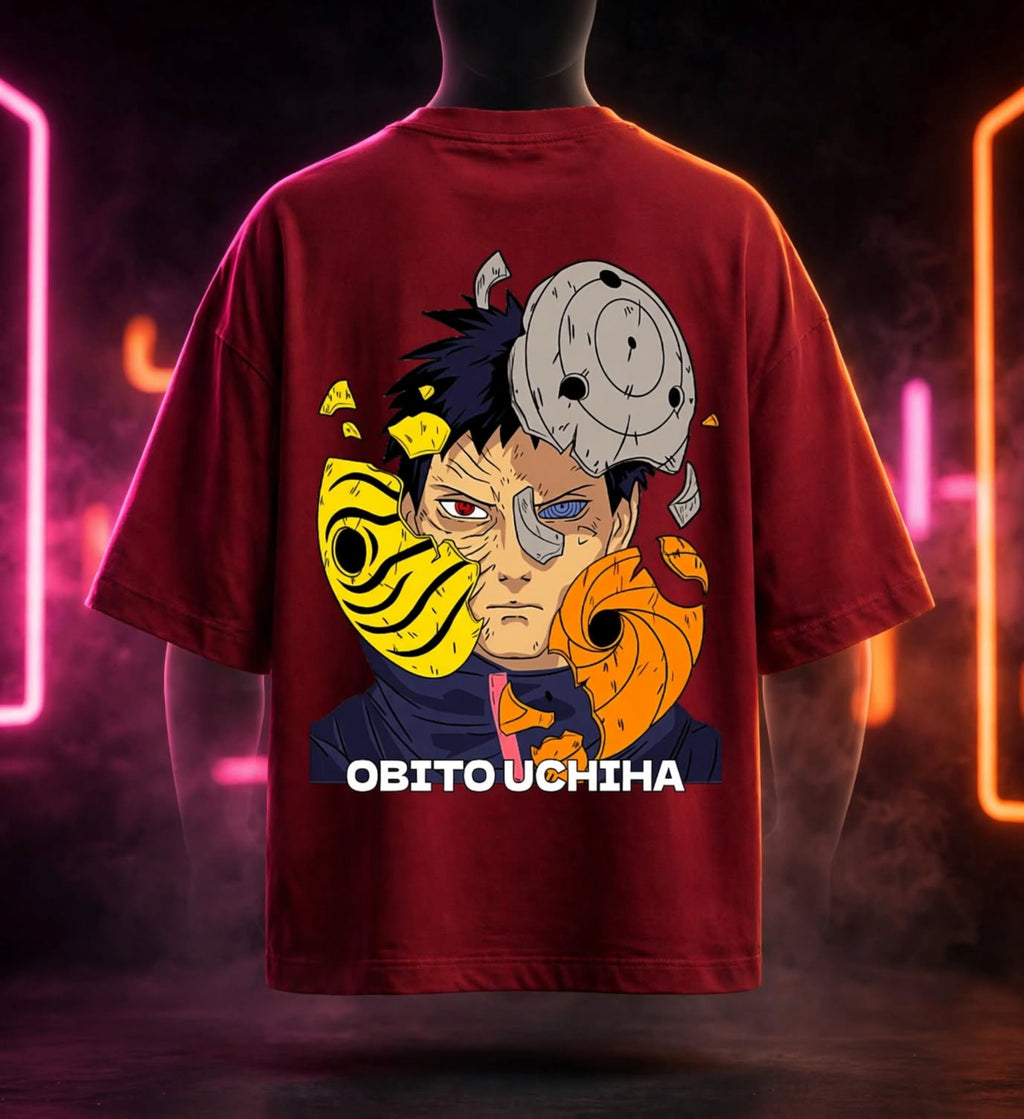 A dark red graphic t-shirt displayed on a mannequin torso, showing the back print of the character Obito Uchiha with his Sharingan and Rinnegan masks. The shirt is set against a dark background with glowing pink and orange neon light tubes.