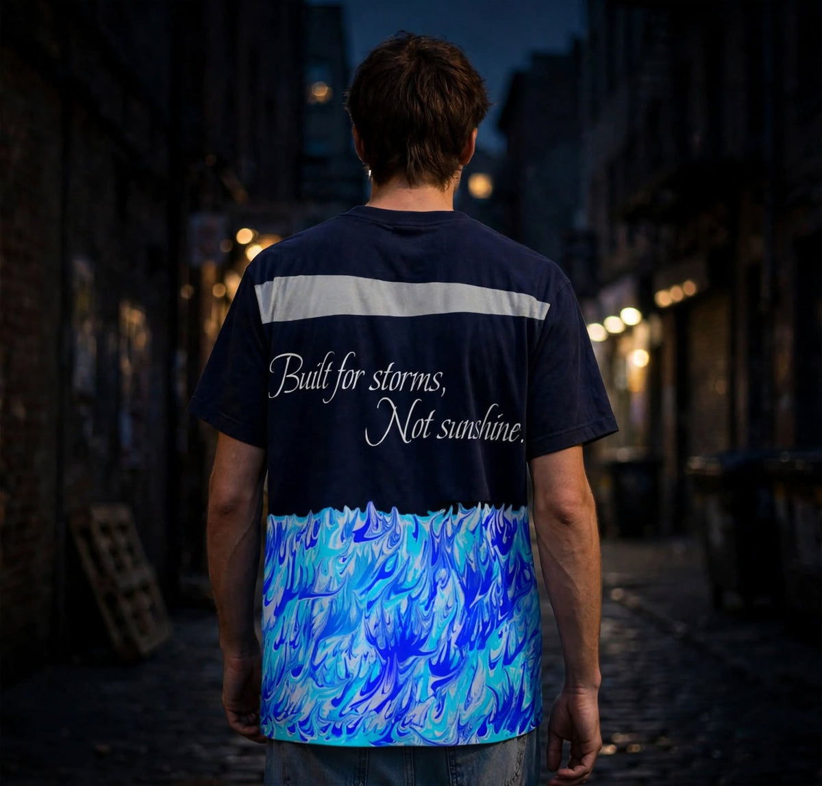 A man viewed from behind wearing a navy blue graphic t-shirt in a dark, moody alleyway. The back of the shirt features a white reflective stripe, the white script text 'Built for storms, Not sunshine.