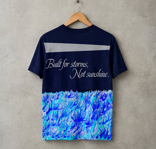 A navy blue t-shirt hanging on a wooden hanger against a textured grey wall. The back of the shirt features a horizontal silver-gray stripe, the white cursive text 'Built for storms, Not sunshine.