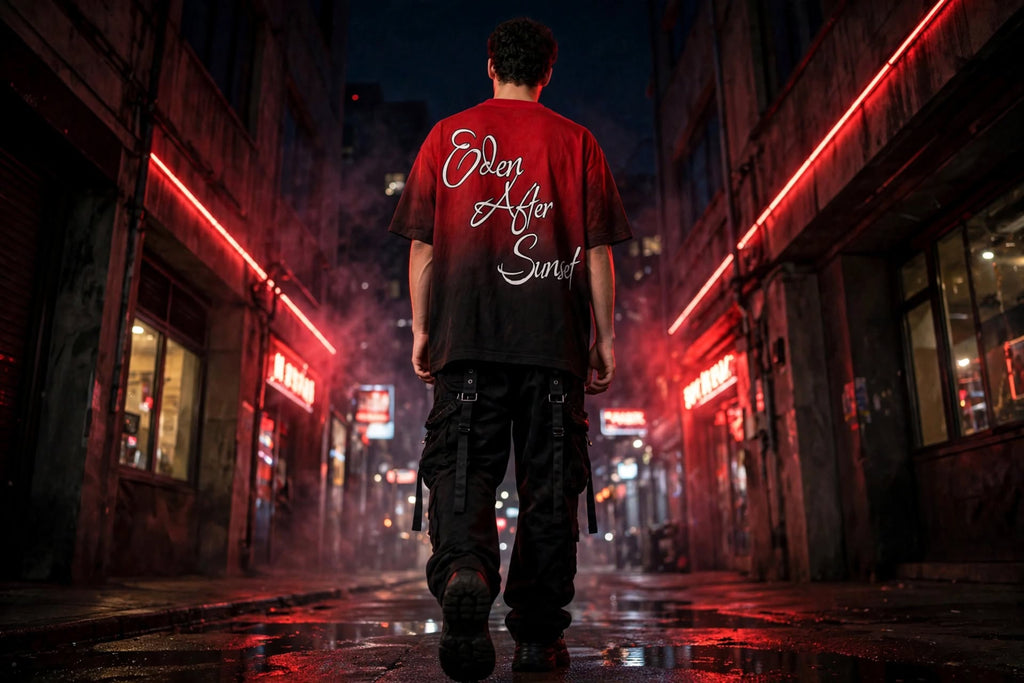 A man viewed from behind walking down a wet, neon-lit city street at night, wearing a red graphic T-shirt with white script text reading 'Eden After Sunset!' on the back.