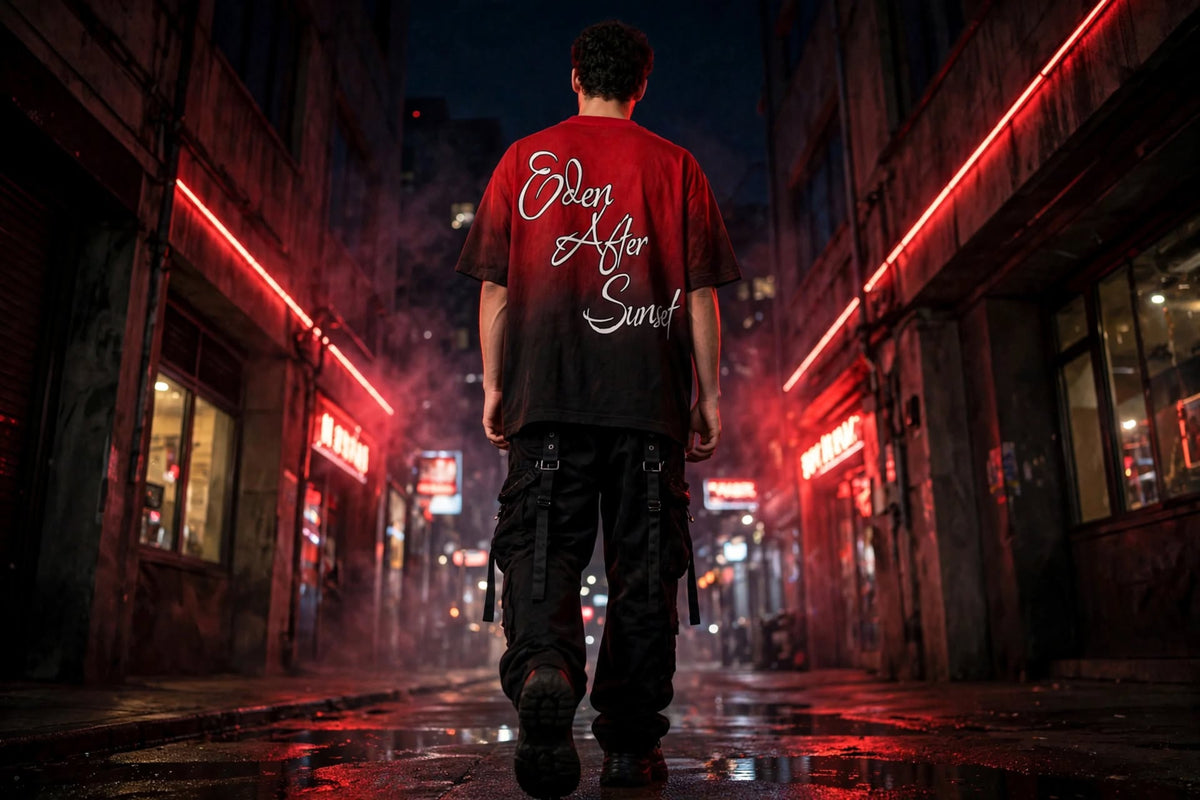 A man viewed from behind walking down a wet, neon-lit city street at night, wearing a red graphic T-shirt with white script text reading 'Eden After Sunset!' on the back.