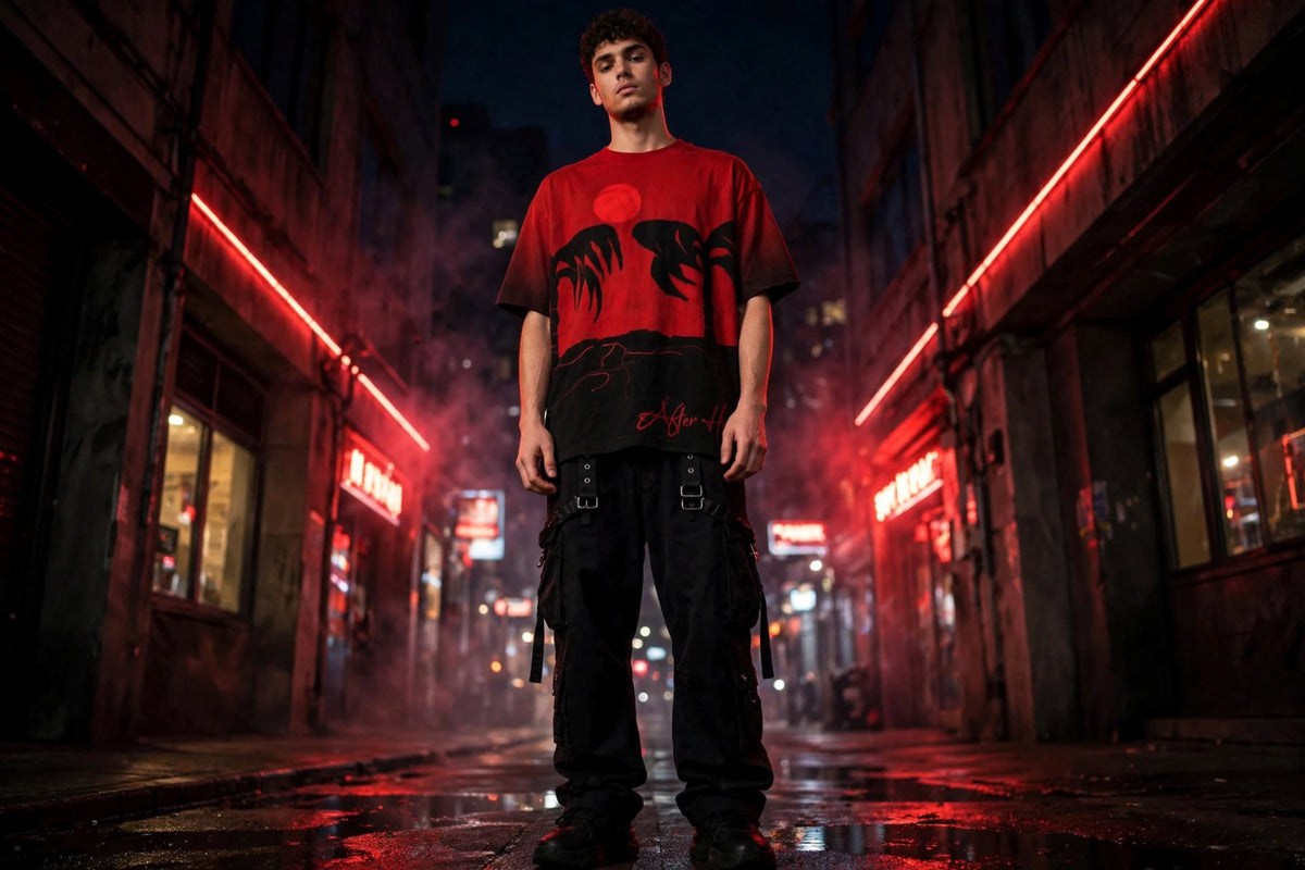 A man stands in a wet city street at night wearing a red graphic t-shirt with a black palm tree design and black cargo pants, framed by glowing red neon lights on both sides.
