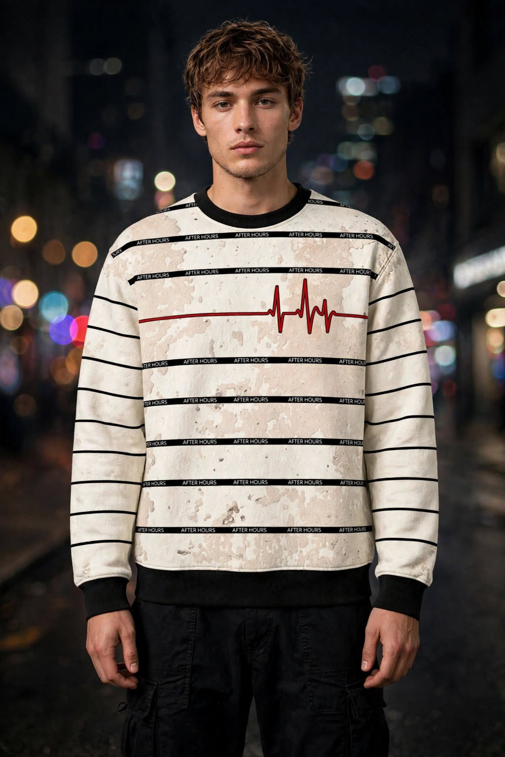 A young man stands on a blurred city street at night wearing a cream-colored crewneck sweatshirt with black horizontal stripes, a red EKG line graphic across the chest, and black cargo pants.