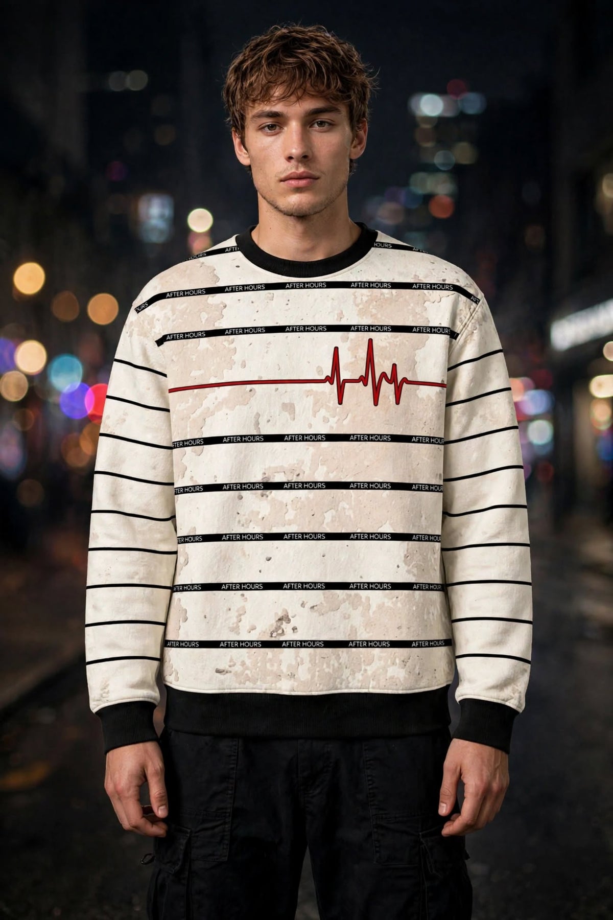 A young man stands on a blurred city street at night wearing a cream-colored crewneck sweatshirt with black horizontal stripes, a red EKG line graphic across the chest, and black cargo pants.
