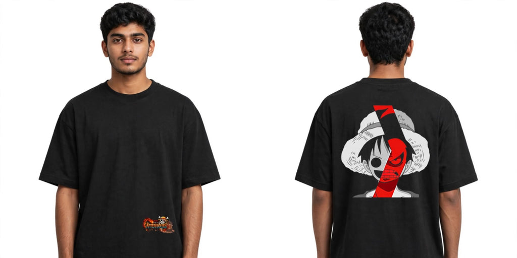A man modeling a black short-sleeve t-shirt, showing both the front and back views. The front features a small orange graphic on the lower left, while the back displays a large graphic of a straw-hat character with red and black details.