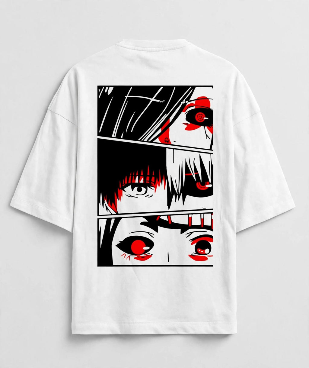 White short-sleeve t-shirt with a large graphic print on the back featuring stylized anime eyes in black, white, and red.