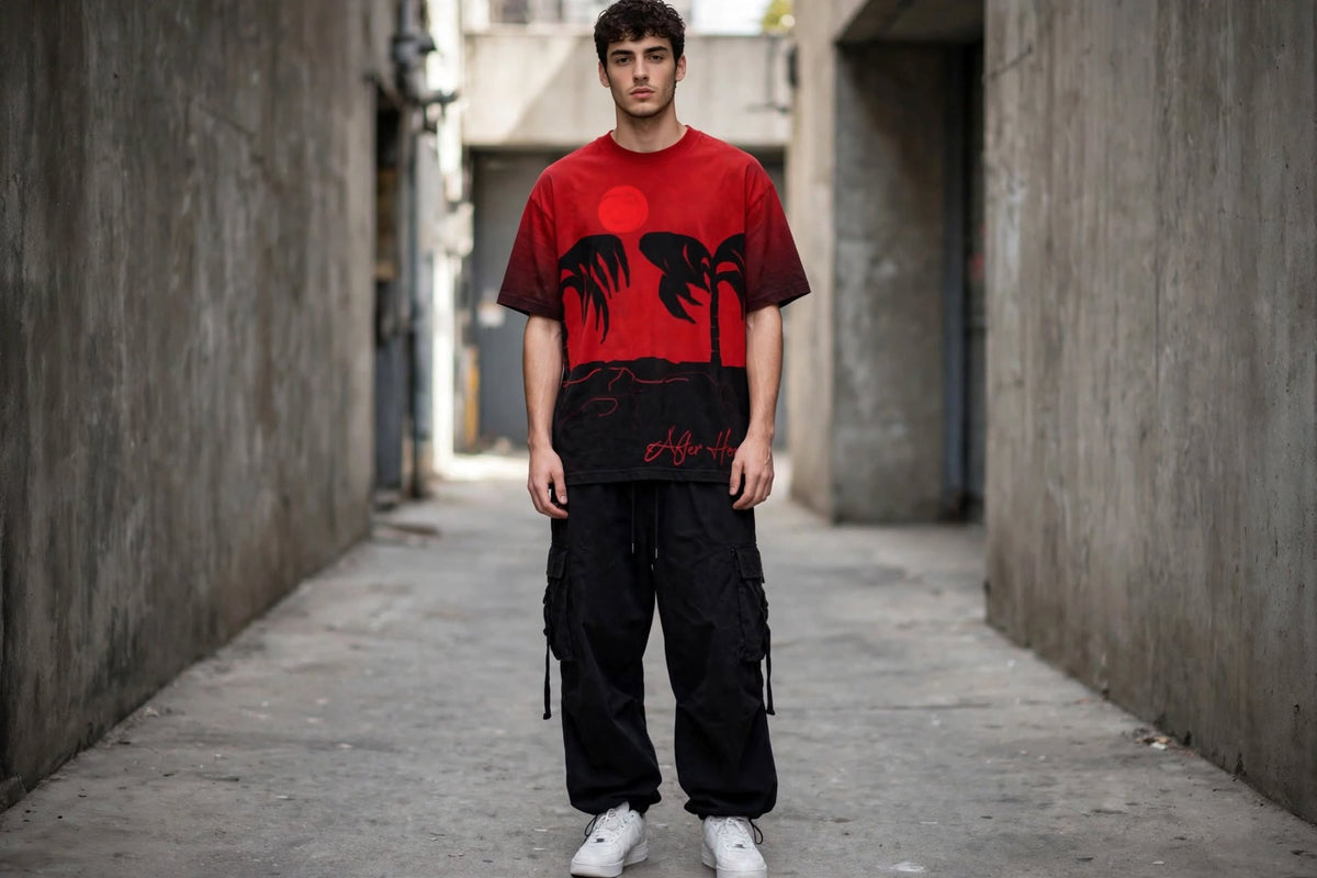 A man stands in a concrete alley wearing an oversized red graphic T-shirt with black palm tree silhouettes and a black lower section, paired with black cargo pants and white sneakers.