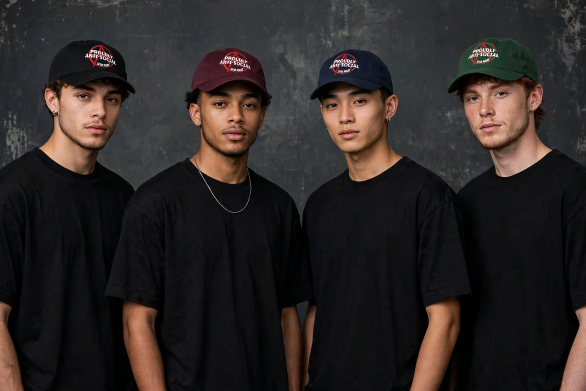 Four young men standing side by side against a dark textured wall, each wearing a different colored baseball cap and a plain black t-shirt. The caps are black, maroon, navy blue, and green, with a red and white logo that reads 'Proudly Anti-Social'.