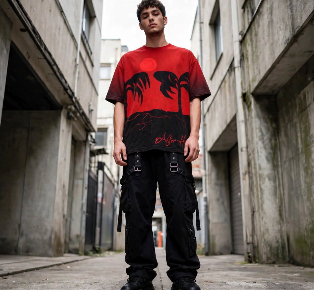 A young man stands in a concrete alley wearing a red and black graphic t-shirt with a sunset and palm tree design, paired with black cargo pants.