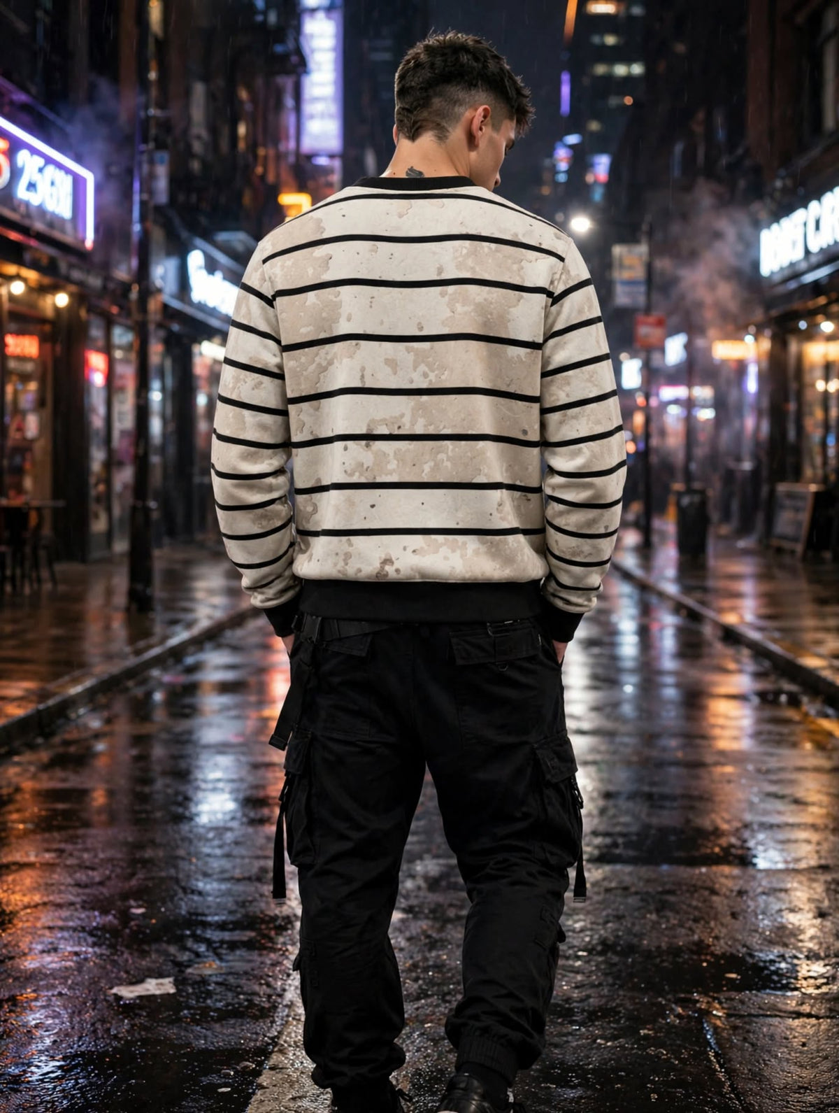 A man viewed from behind walking down a wet, neon-lit city street at night, wearing a cream and black horizontally striped sweater and black cargo pants.