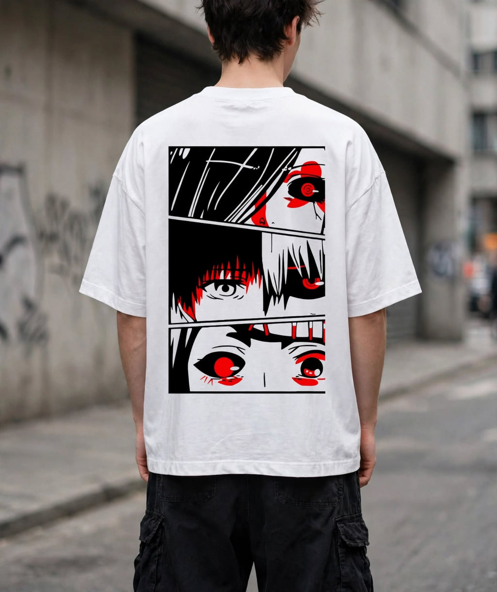 A person viewed from behind wearing an oversized white graphic T-shirt with a large black, white, and red anime-style eye print on the back, standing outdoors on a city street.