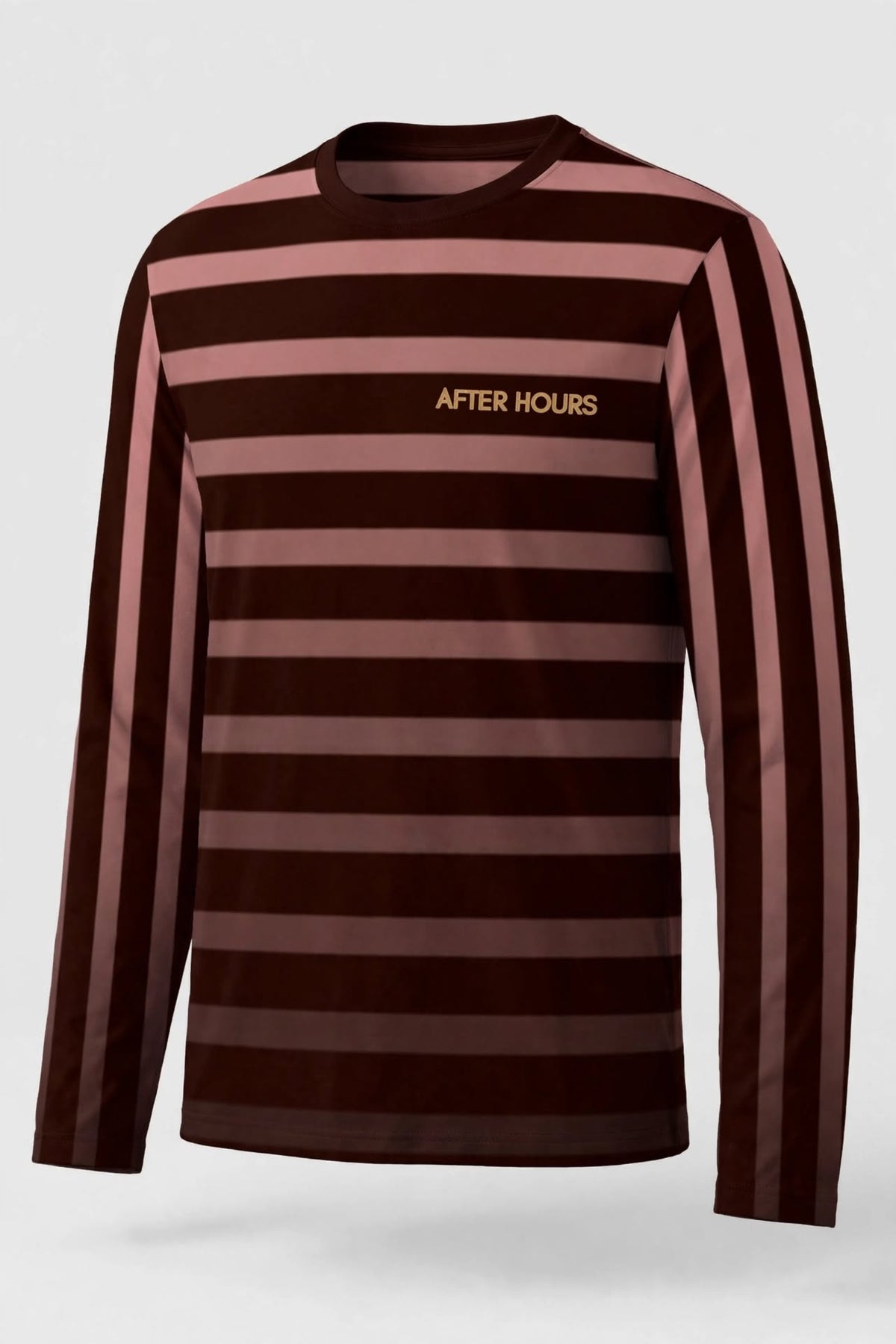 A long-sleeve crewneck shirt with horizontal stripes in dark brown and dusty rose pink, featuring the text 'AFTER HOURS' in gold on the chest and gold stripes down the sleeves, shown on a light grey background.