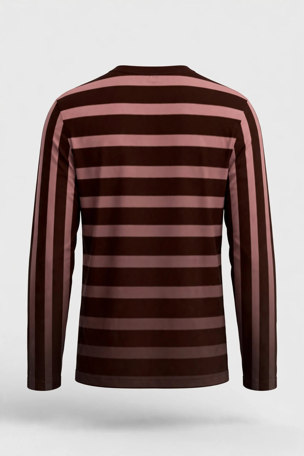 A long-sleeve striped shirt shown from the back, featuring horizontal stripes in dark brown and dusty rose pink, displayed on a light grey background.