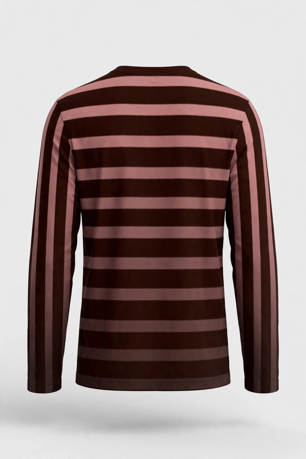 A long-sleeve striped shirt shown from the back, featuring horizontal stripes in dark brown and dusty rose pink, displayed on a light grey background.
