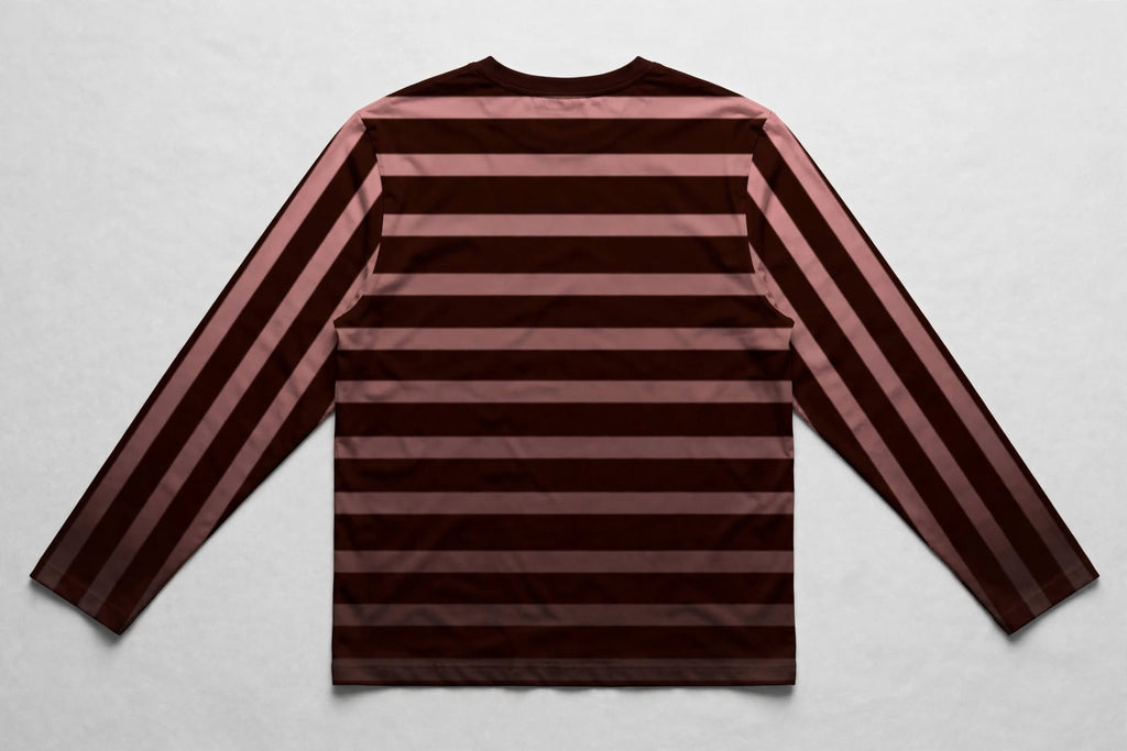 A long-sleeve striped shirt laid flat on a light gray background. The shirt features horizontal stripes in dark brown and a muted dusty rose pink.
