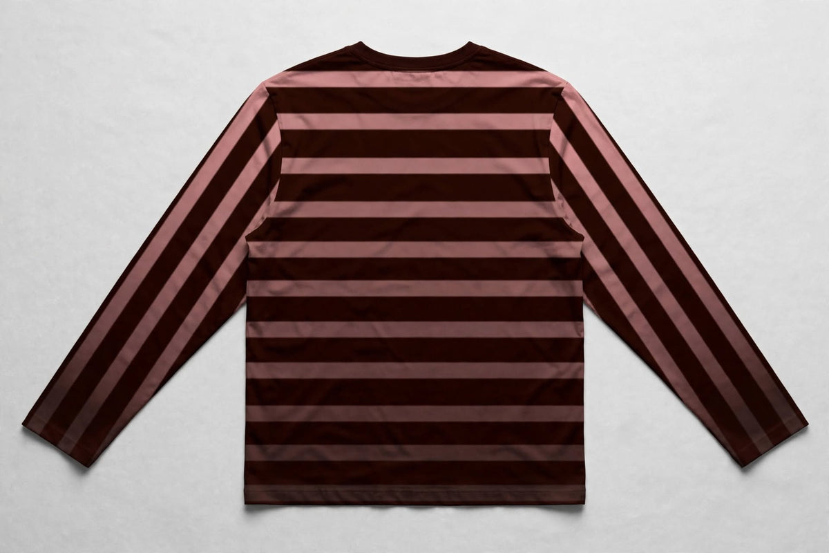 A long-sleeve striped shirt laid flat on a light gray background. The shirt features horizontal stripes in dark brown and a muted dusty rose pink.