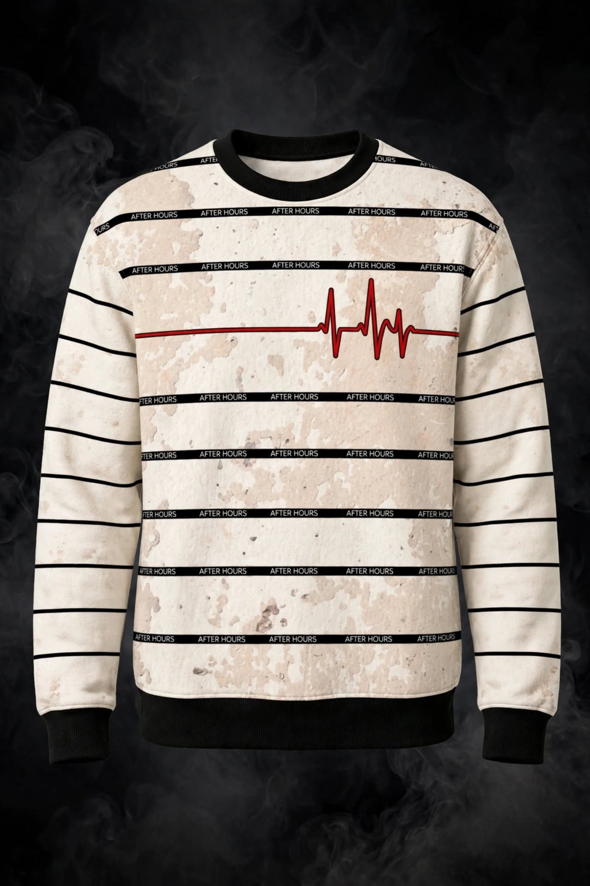 A long-sleeve crewneck sweatshirt with a distressed cream and black striped pattern, featuring a red EKG heartbeat line graphic across the chest. The sweatshirt is displayed against a dark, smoky background.