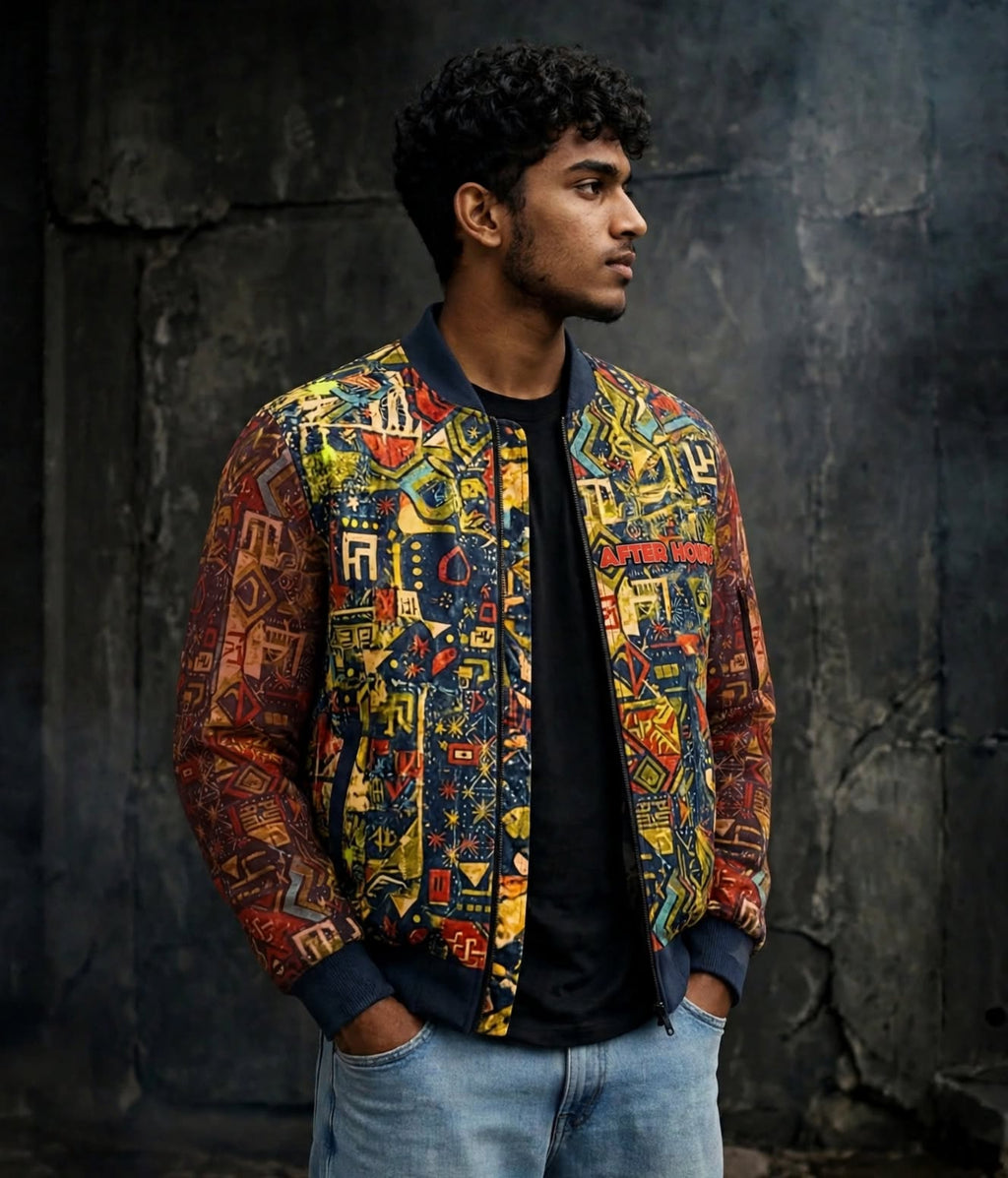 A man wearing a vibrant, multicolored geometric patterned bomber jacket over a black t-shirt and light blue jeans, standing against a dark textured wall.