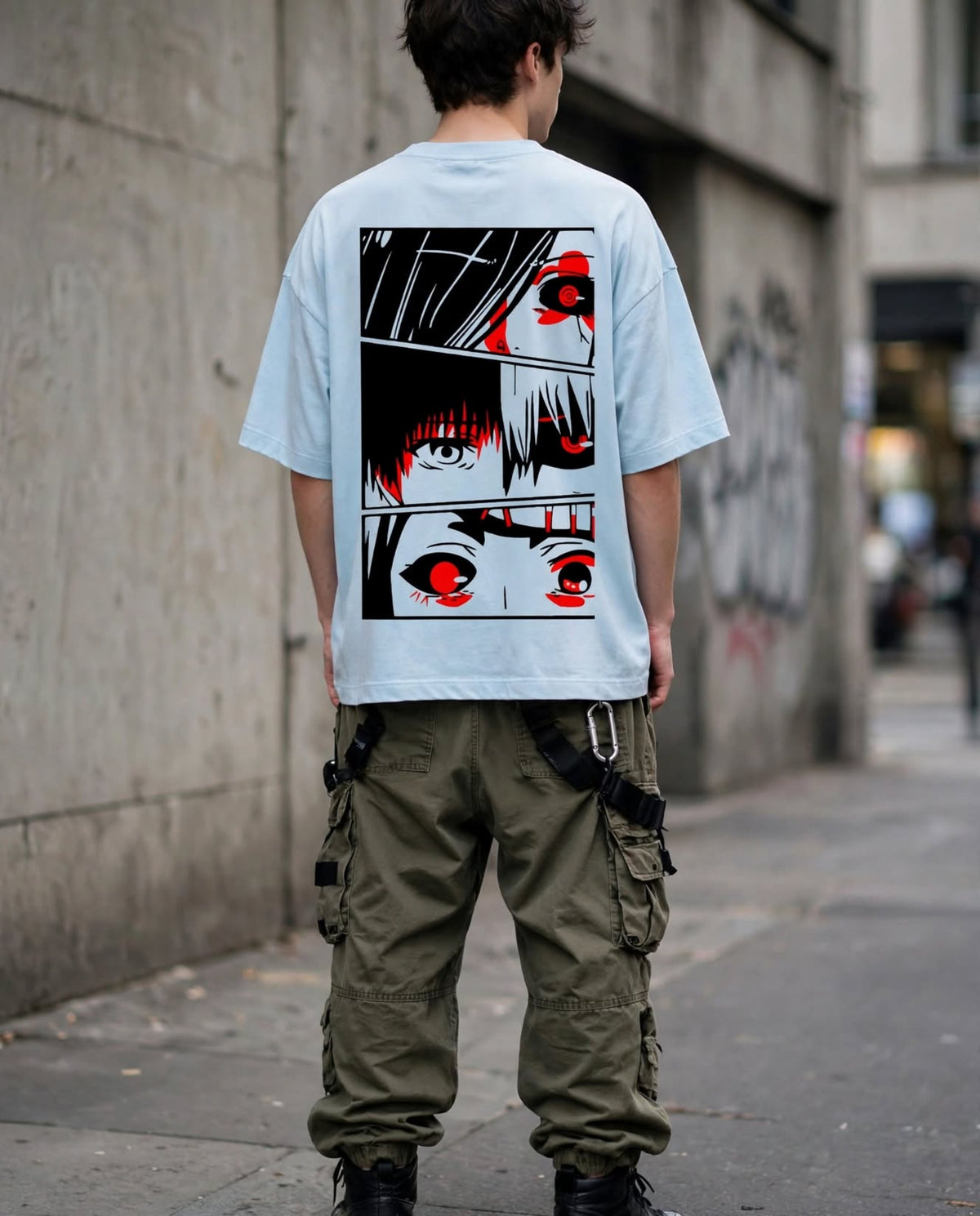 A person standing outdoors on a city sidewalk wearing a light blue oversized T-shirt from the back, which features a large black, white, and red anime-style graphic print across the back. The person is also wearing olive green cargo pants.