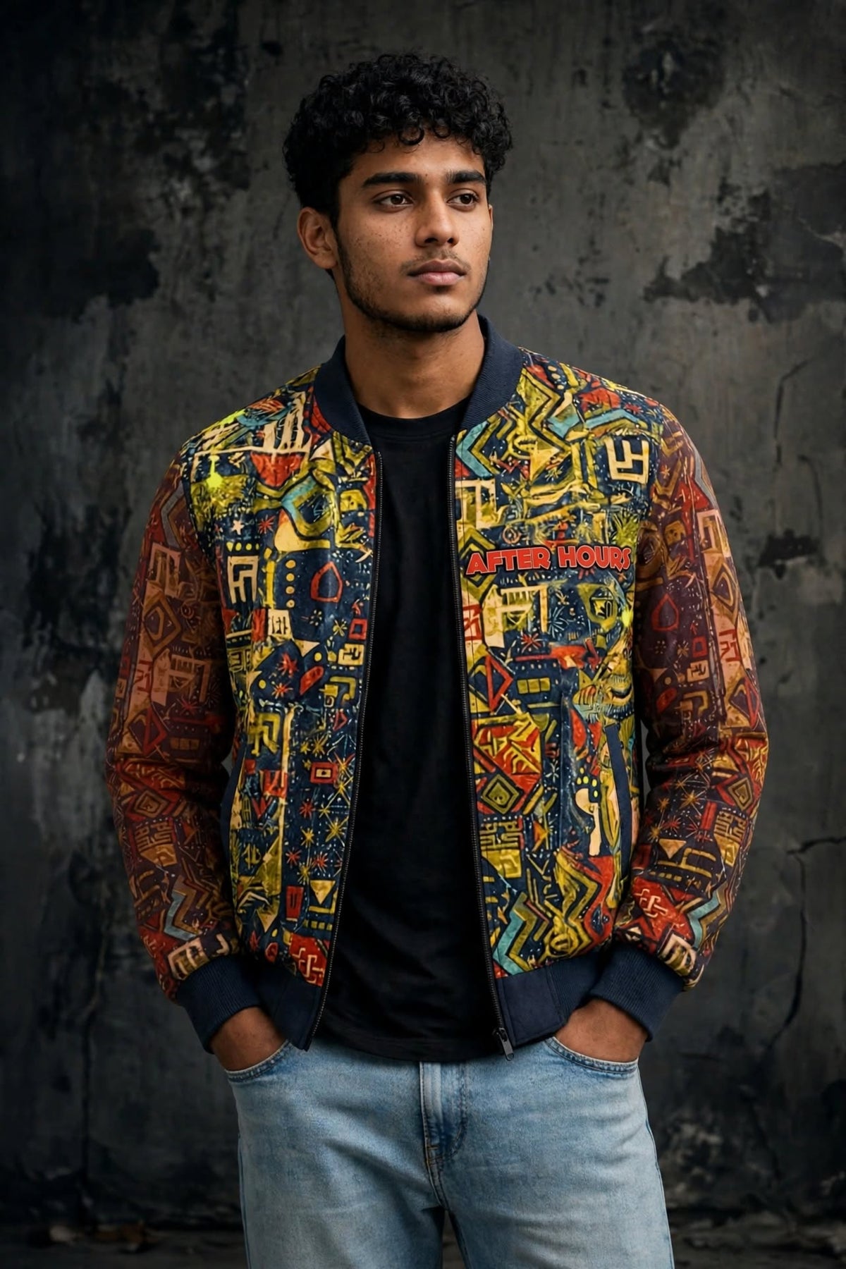 A man wearing a vibrant, multicolored graphic bomber jacket with a black crewneck and zippered front, styled over a black t-shirt and light blue jeans, standing against a dark textured wall.