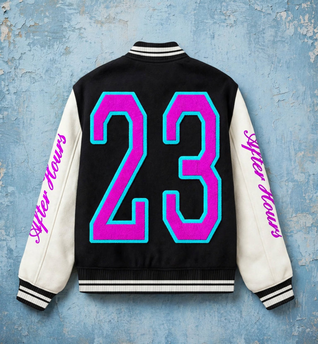 A black and off-white varsity jacket shown from the back, featuring a large neon pink and cyan '23' on the back, with 'After Hours' written in pink script on both sleeves, set against a distressed blue background.