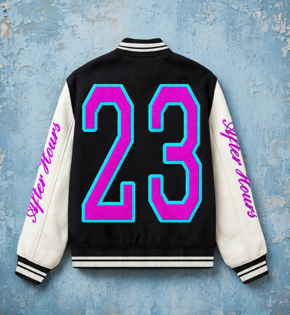 A black and off-white varsity jacket shown from the back, featuring a large neon pink and cyan '23' on the back, with 'After Hours' written in pink script on both sleeves, set against a distressed blue background.