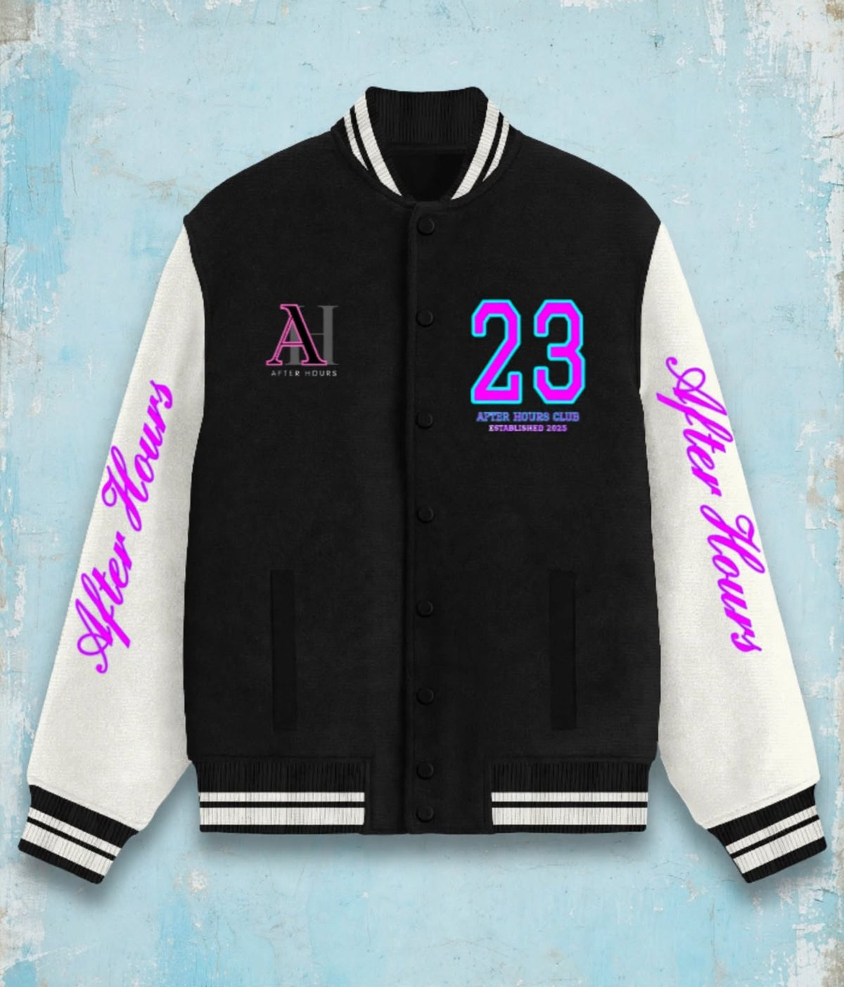 A varsity-style jacket with a black body and white sleeves, featuring a black and white striped ribbed collar, cuffs, and hem. The right chest has a pink and gray 'AH After Hours' logo, while the left chest displays a neon pink and blue '23' with smaller text.