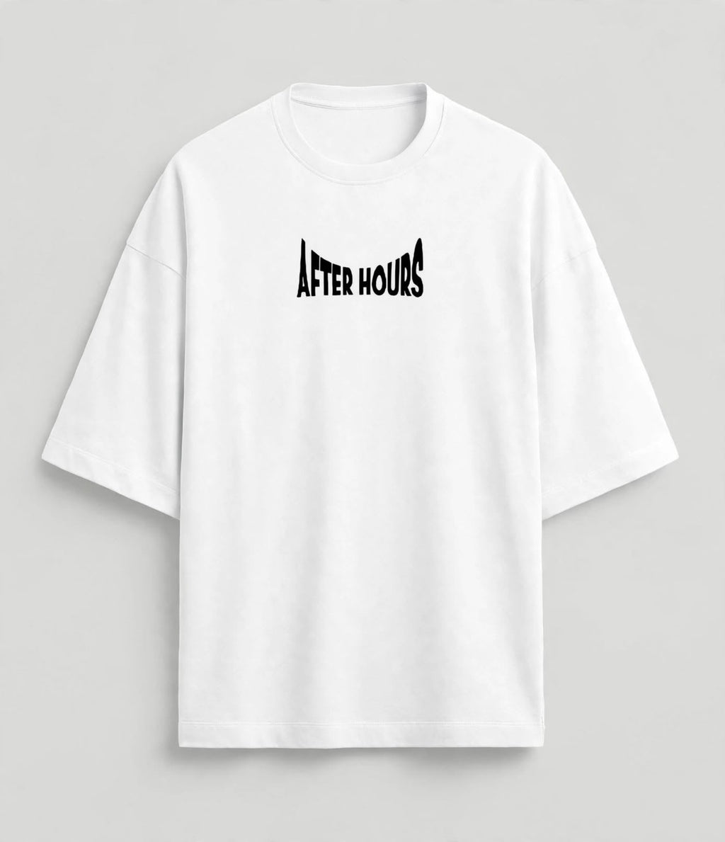 A white short-sleeve crewneck t-shirt with the text 'AFTER HOURS' printed in a stylized black font across the chest, displayed on a neutral light gray background.