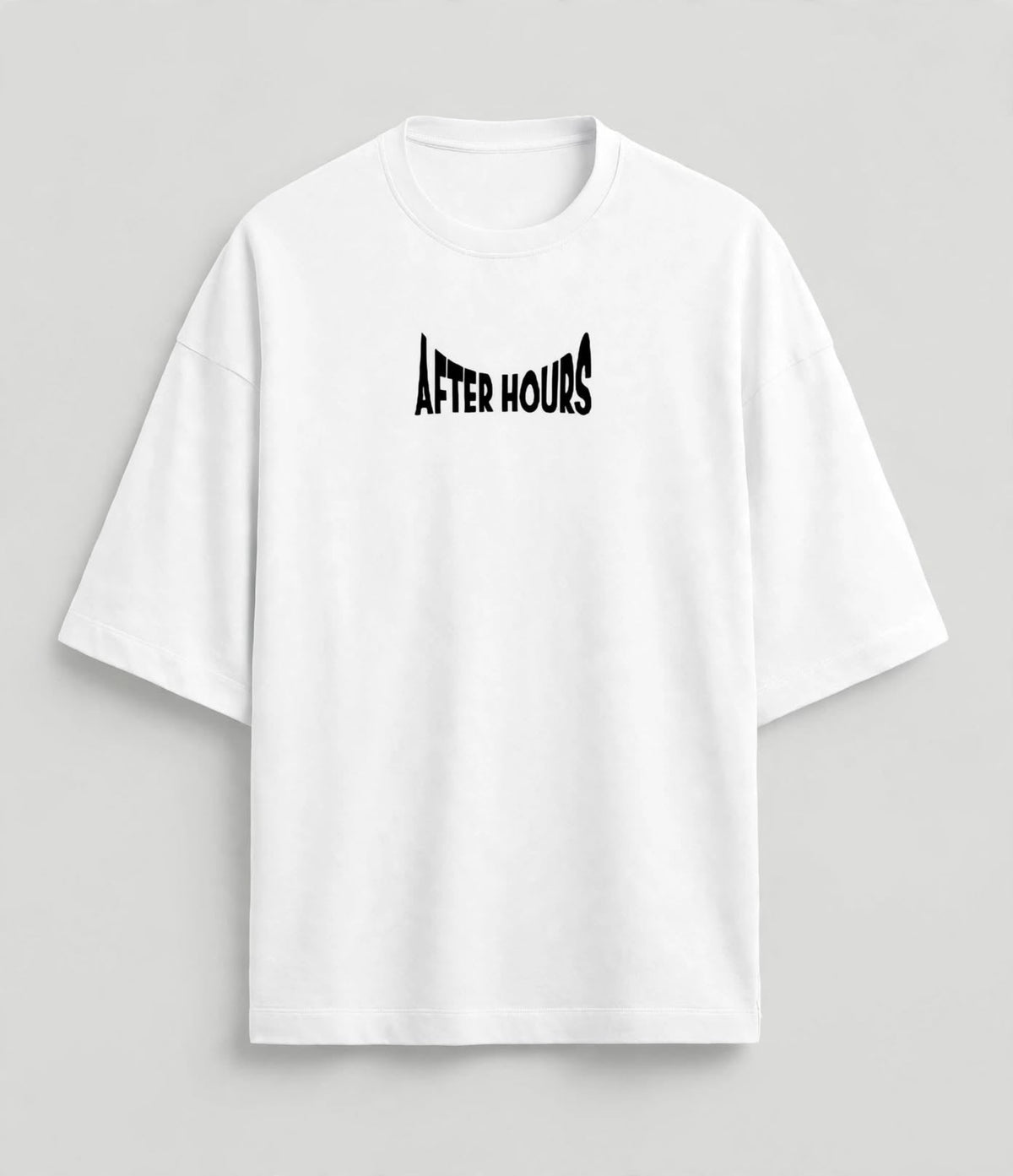 A white short-sleeve crewneck t-shirt with the text 'AFTER HOURS' printed in a stylized black font across the chest, displayed on a neutral light gray background.