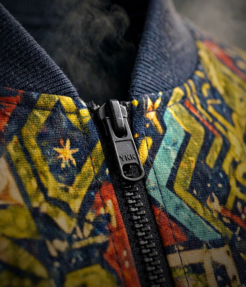 Close-up of a colorful patterned jacket with a black zipper and ribbed collar. The fabric features a mix of yellow, teal, orange, and dark blue geometric and star-like patterns.