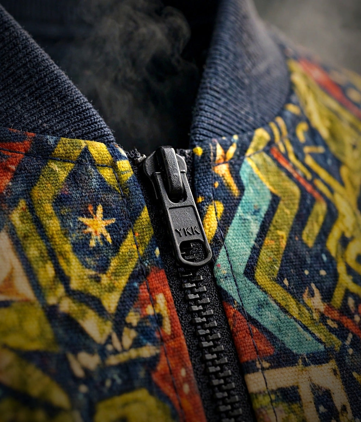 Close-up of a colorful patterned jacket with a black zipper and ribbed collar. The fabric features a mix of yellow, teal, orange, and dark blue geometric and star-like patterns.